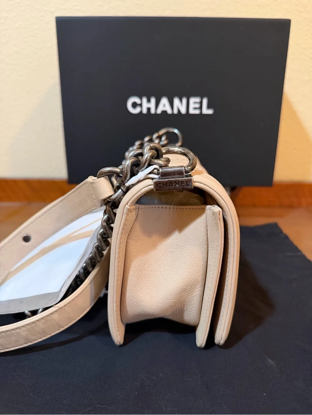 CHANEL Beige Quilted Boy Shoulder Bag with Dark Silver Hardware